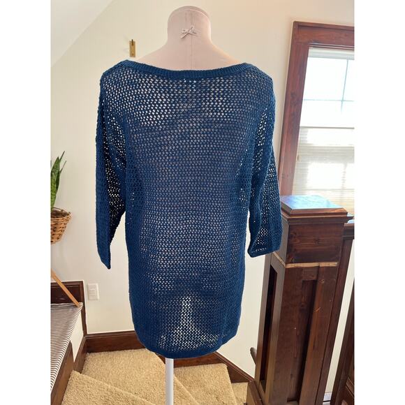 J Jill Blue‎ Linen Blend Open knit Sweater Size Medium Coastal Grandma Tunic - Picture 4 of 6